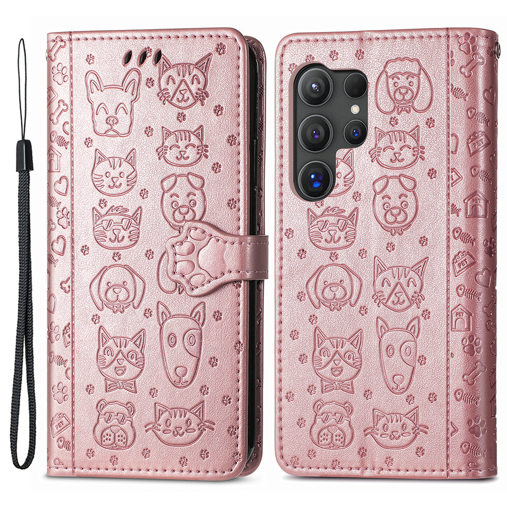 For Samsung Galaxy S24 Ultra Cartoon Wallet Case PU Leather Cat Dog Style Flip Phone Cover - Rose Gold