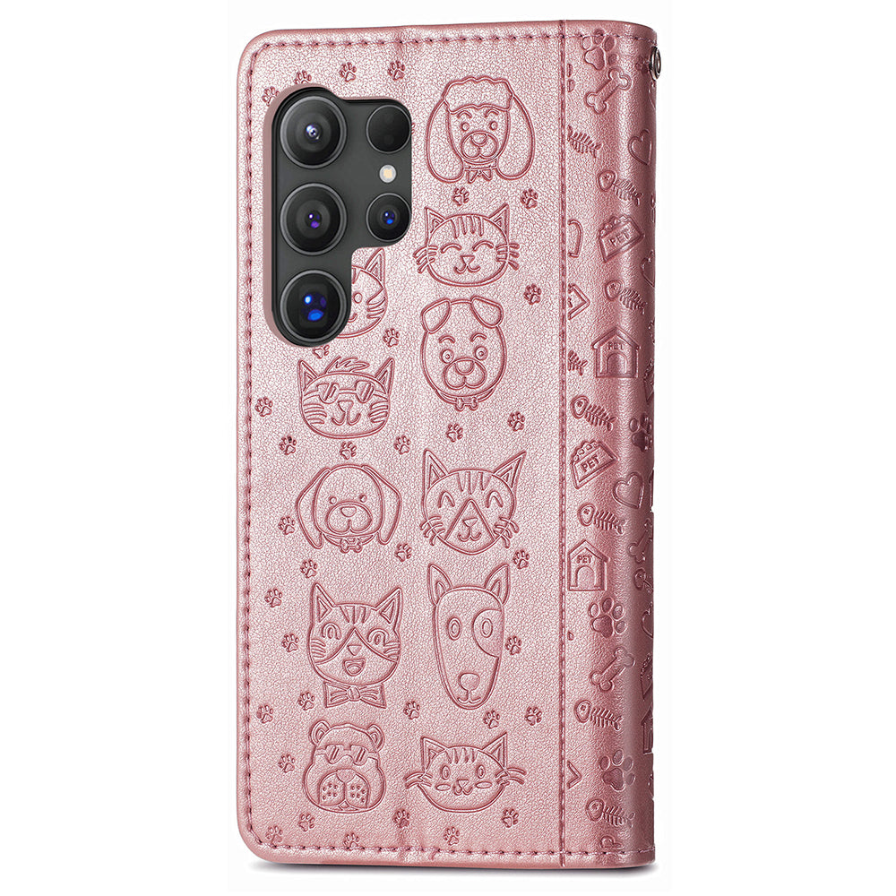 For Samsung Galaxy S24 Ultra Cartoon Wallet Case PU Leather Cat Dog Style Flip Phone Cover - Rose Gold