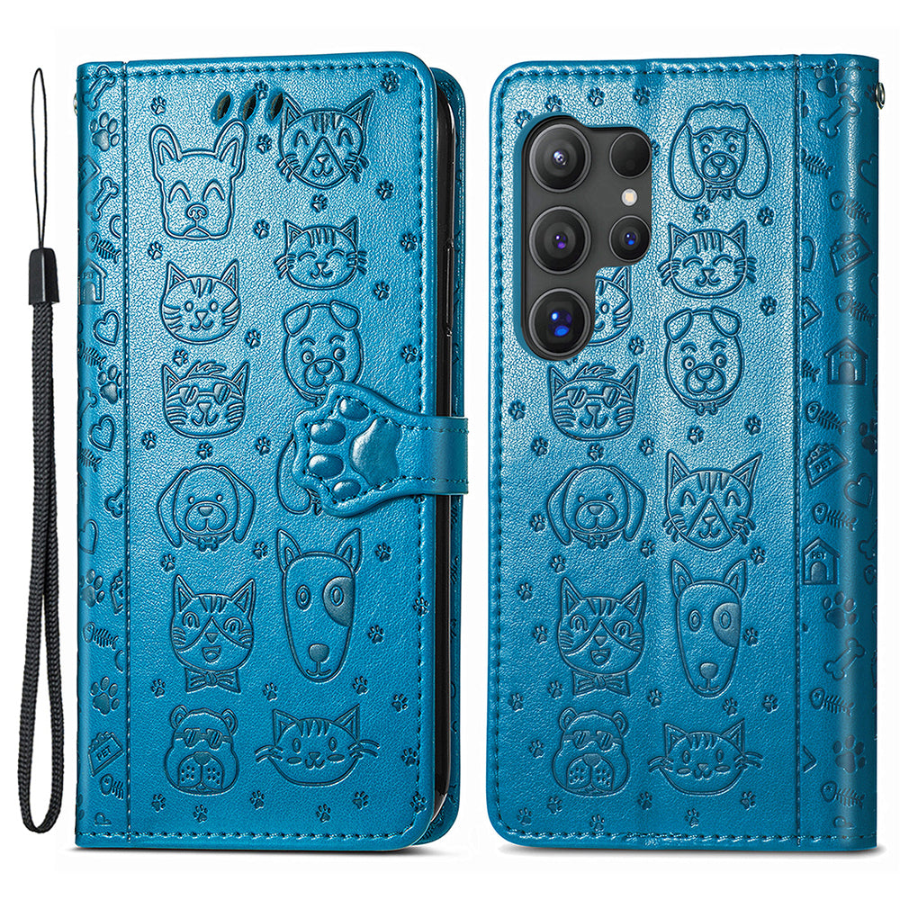 For Samsung Galaxy S24 Ultra Cartoon Wallet Case PU Leather Cat Dog Style Flip Phone Cover - Blue