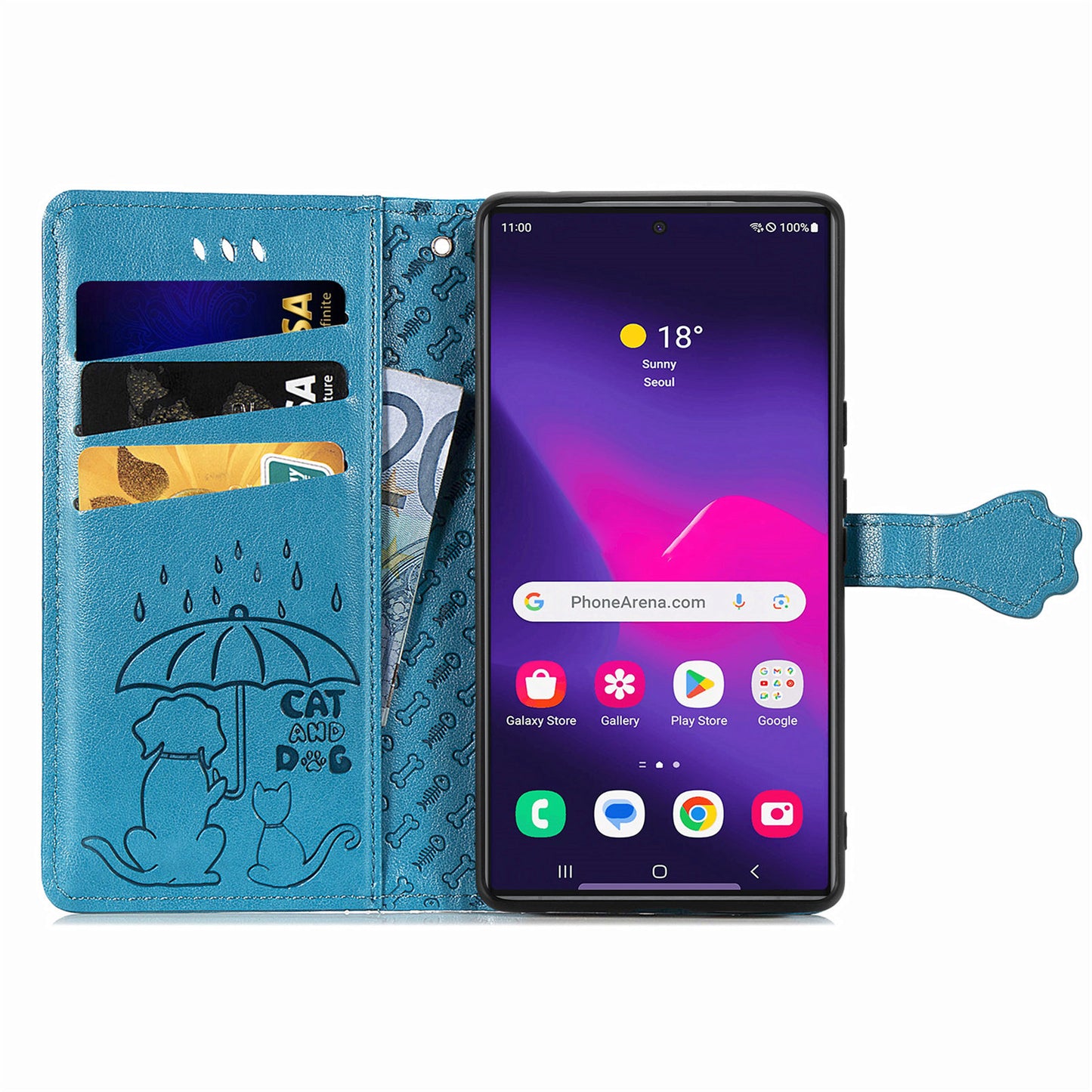 For Samsung Galaxy S24 Ultra Cartoon Wallet Case PU Leather Cat Dog Style Flip Phone Cover - Blue