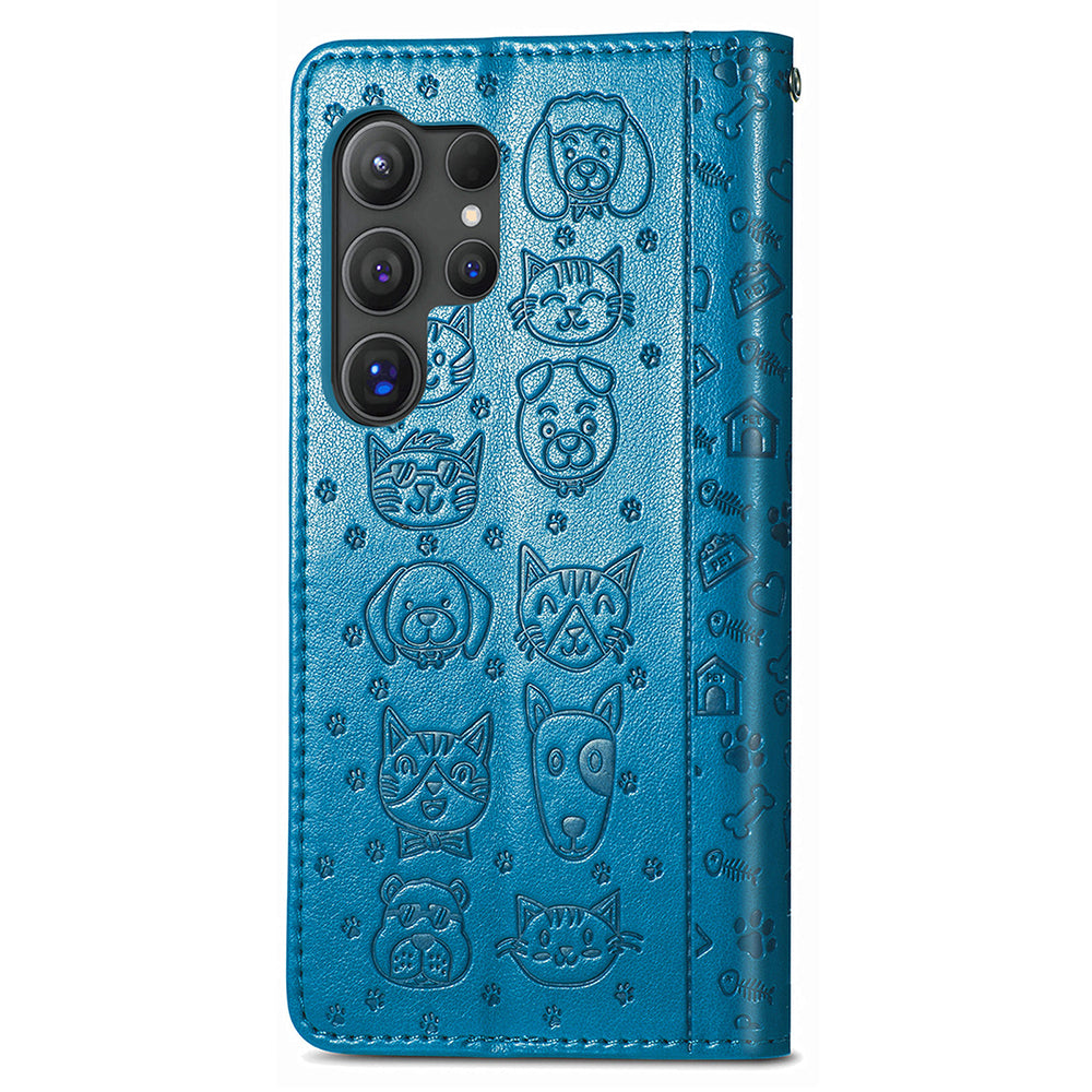 For Samsung Galaxy S24 Ultra Cartoon Wallet Case PU Leather Cat Dog Style Flip Phone Cover - Blue