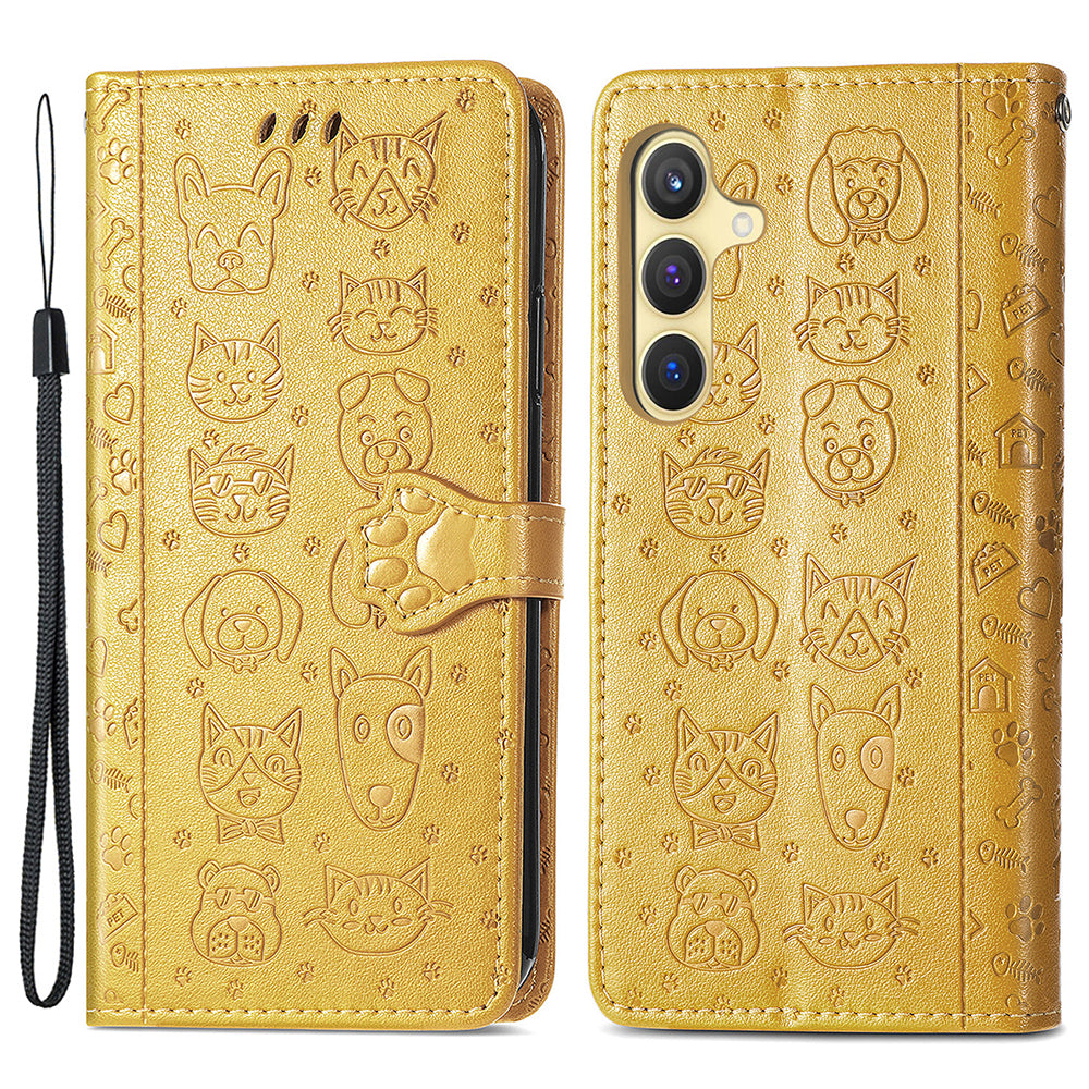 For Samsung Galaxy S24+ Phone Case Imprinted Cat and Dog PU Leather Magnetic Clasp Cover - Yellow