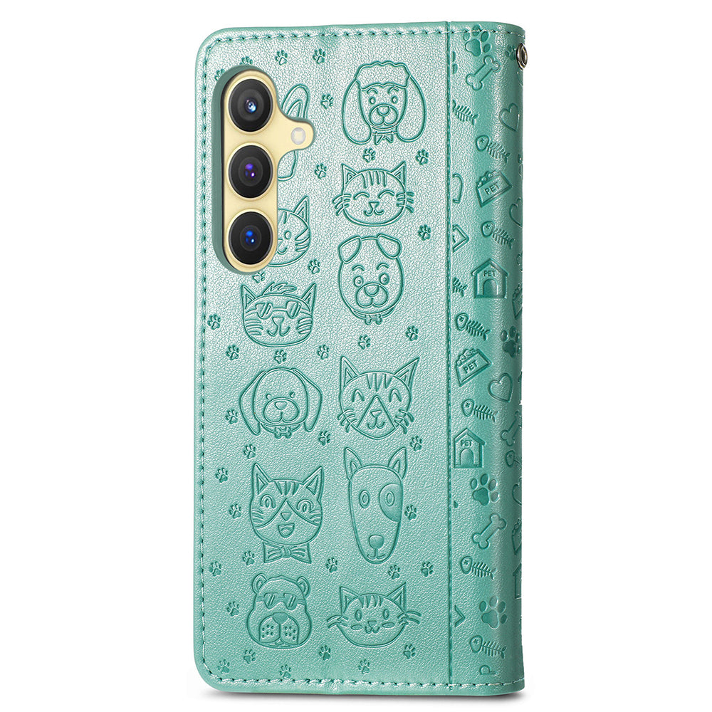 For Samsung Galaxy S24+ Phone Case Imprinted Cat and Dog PU Leather Magnetic Clasp Cover - Green