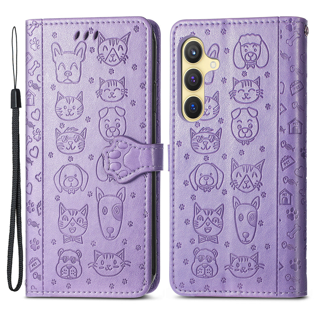For Samsung Galaxy S24+ Phone Case Imprinted Cat and Dog PU Leather Magnetic Clasp Cover - Purple