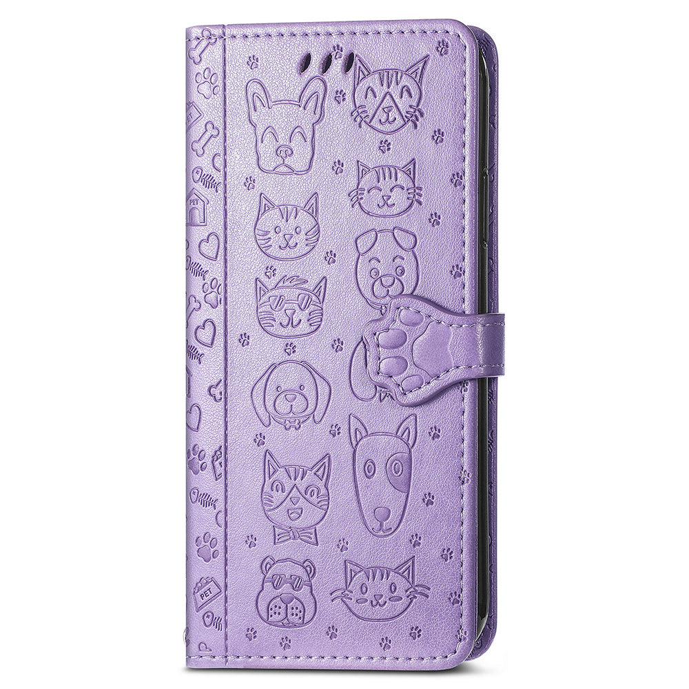 For Samsung Galaxy S24+ Phone Case Imprinted Cat and Dog PU Leather Magnetic Clasp Cover - Purple