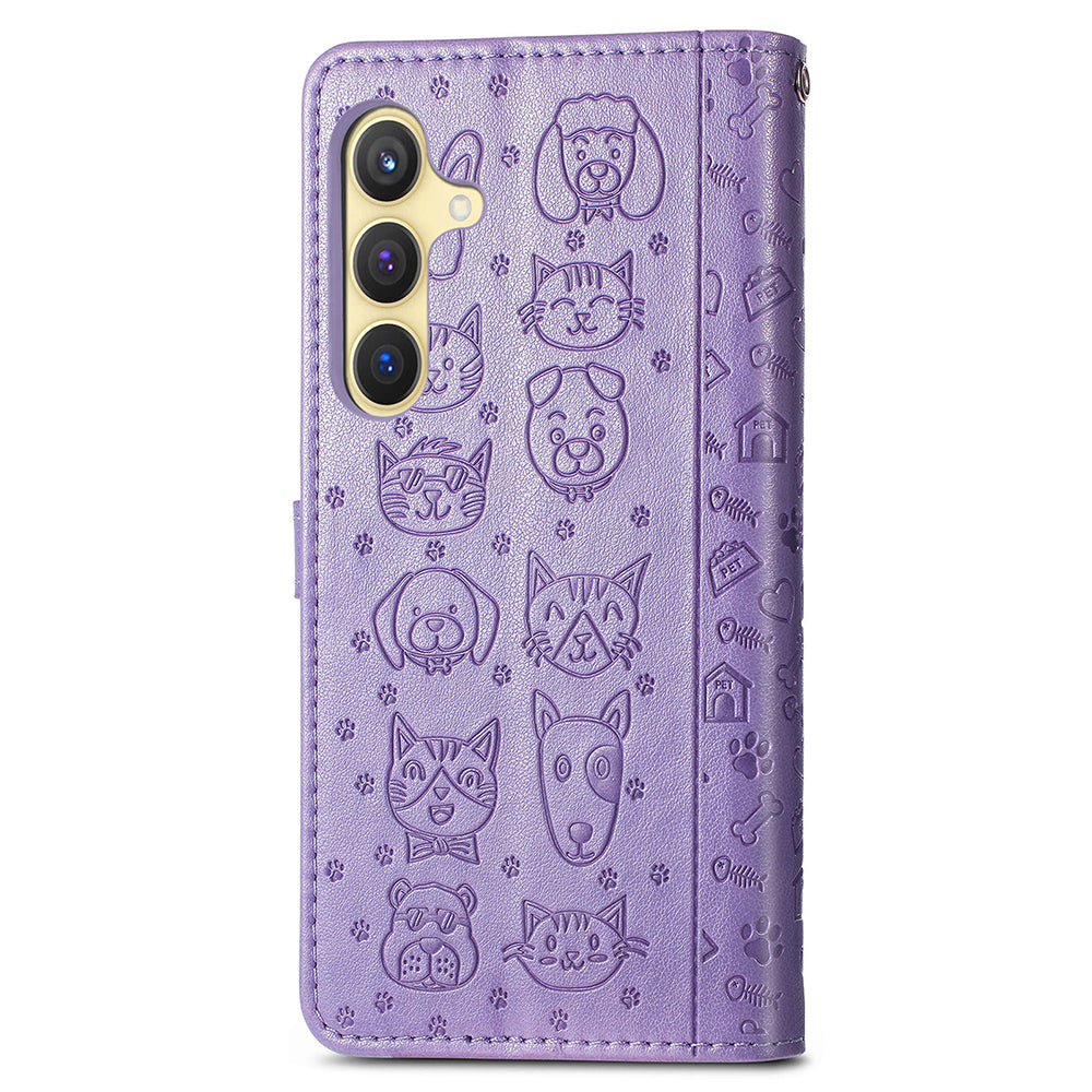 For Samsung Galaxy S24+ Phone Case Imprinted Cat and Dog PU Leather Magnetic Clasp Cover - Purple