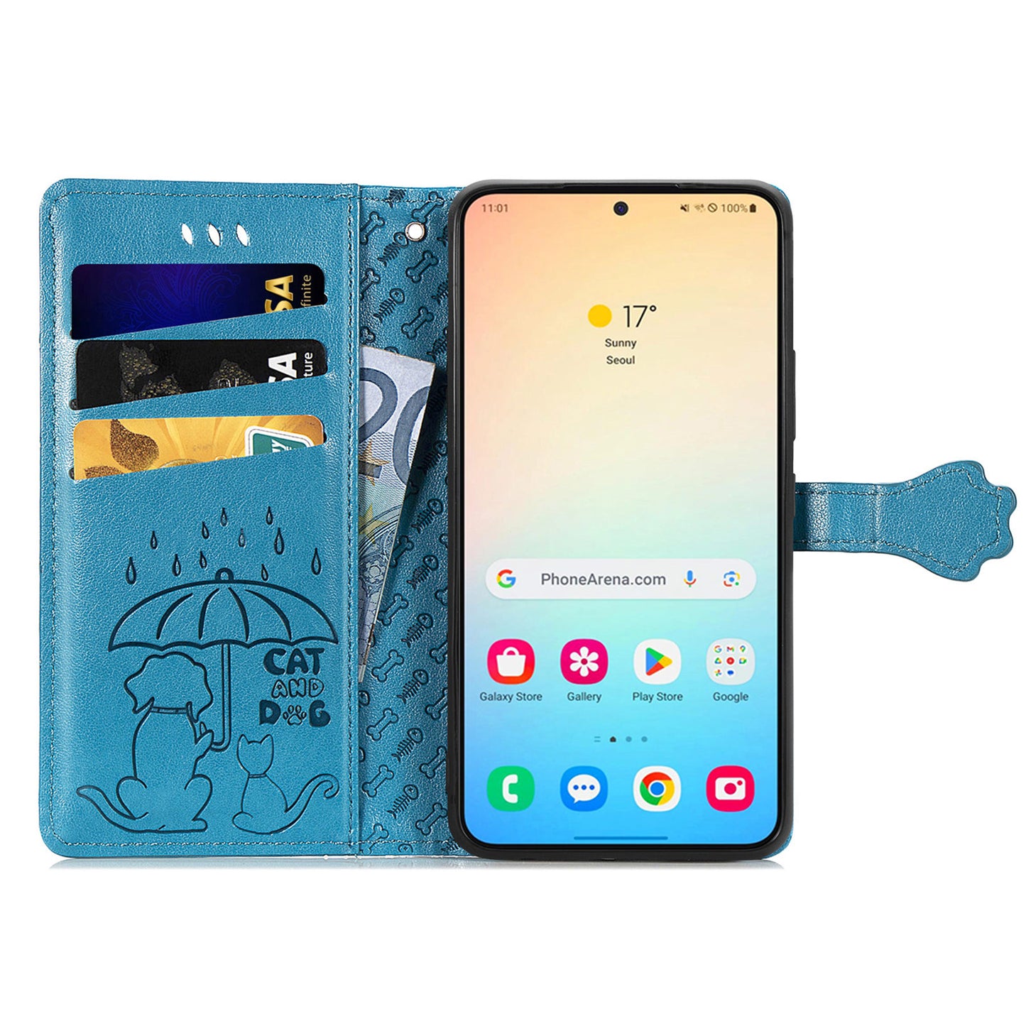 For Samsung Galaxy S24 Cat Dog Pattern PU Leather Case Stand Wrist Strap Phone Cover - Blue