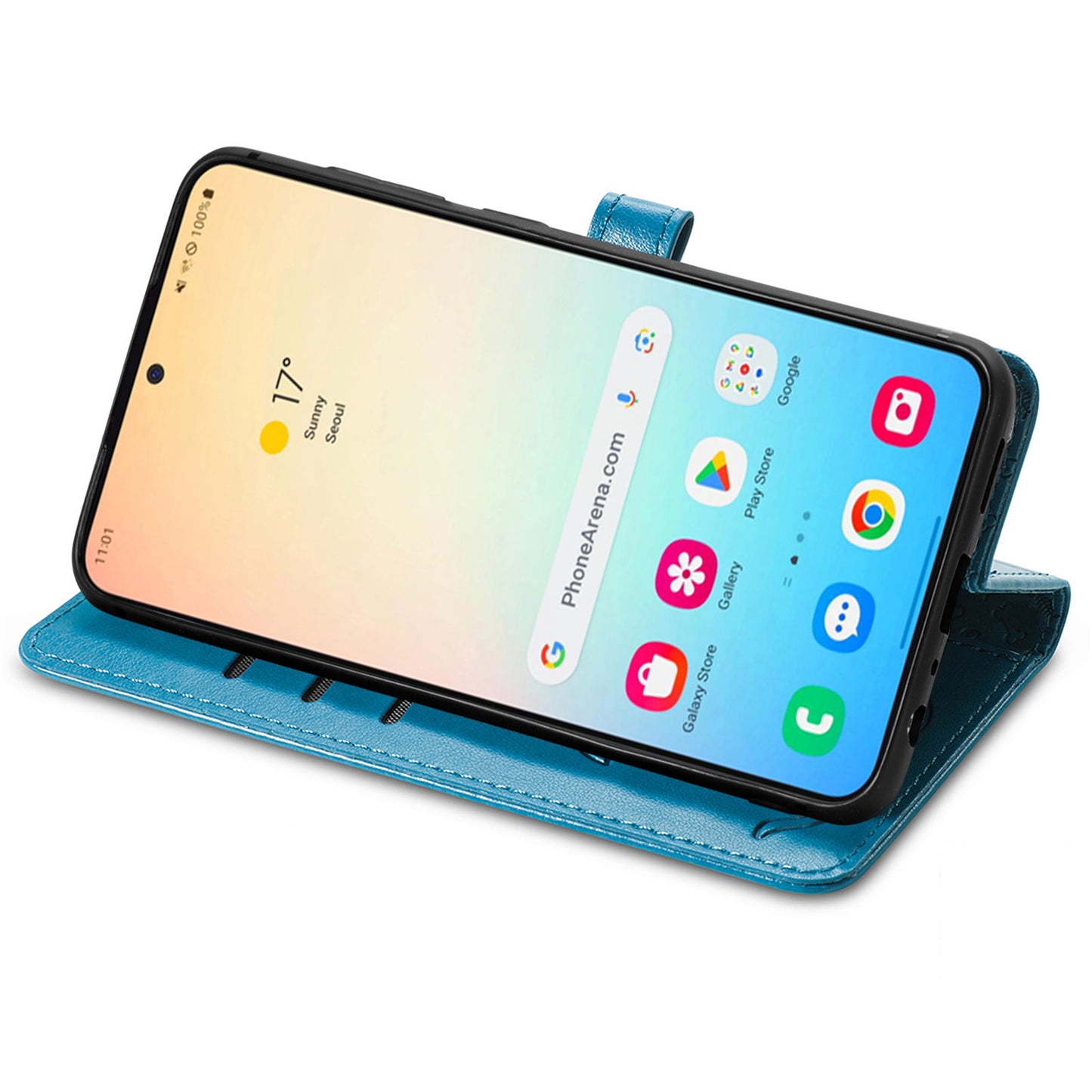 For Samsung Galaxy S24 Cat Dog Pattern PU Leather Case Stand Wrist Strap Phone Cover - Blue