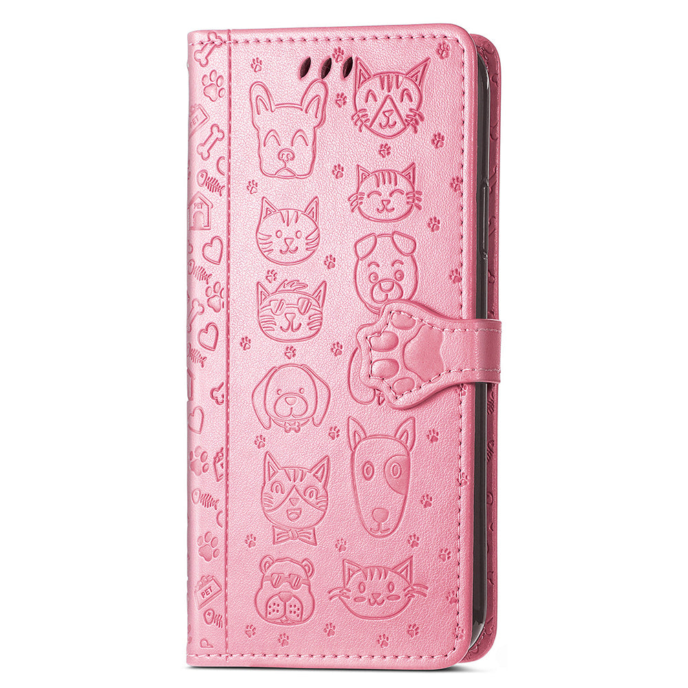 For Samsung Galaxy S24 Cat Dog Pattern PU Leather Case Stand Wrist Strap Phone Cover - Pink