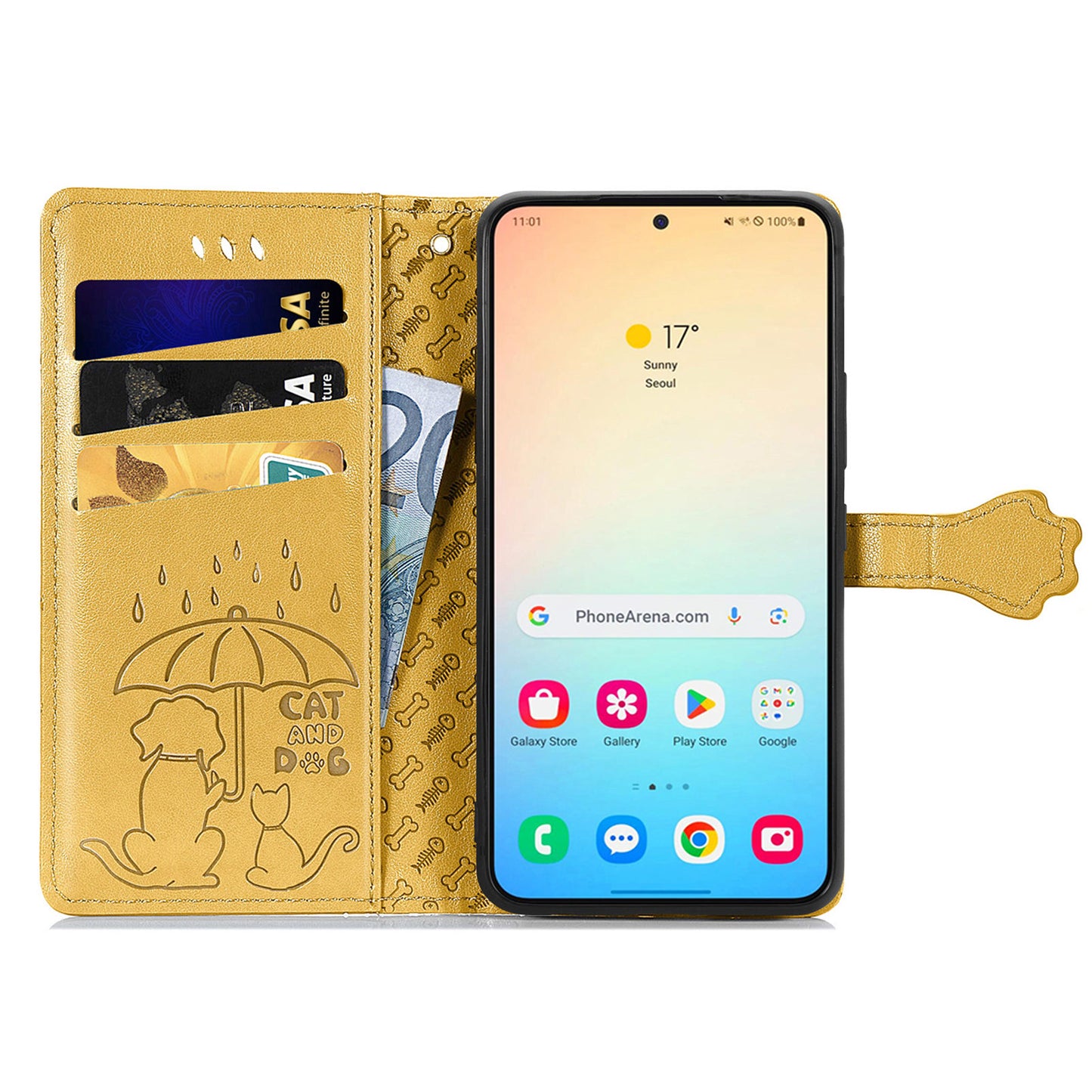 For Samsung Galaxy S24 Cat Dog Pattern PU Leather Case Stand Wrist Strap Phone Cover - Yellow