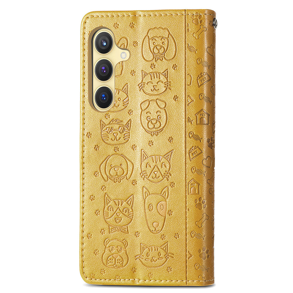 For Samsung Galaxy S24 Cat Dog Pattern PU Leather Case Stand Wrist Strap Phone Cover - Yellow