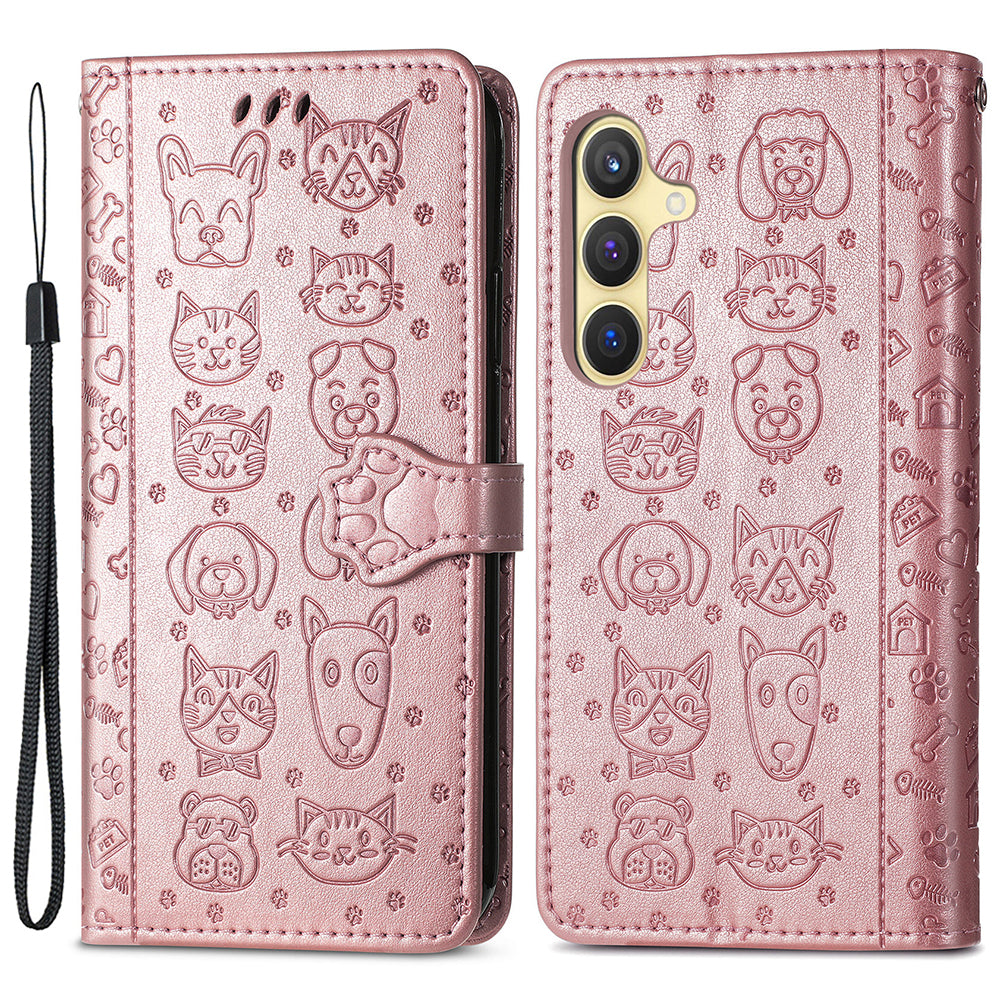 For Samsung Galaxy S24 Cat Dog Pattern PU Leather Case Stand Wrist Strap Phone Cover - Rose Gold