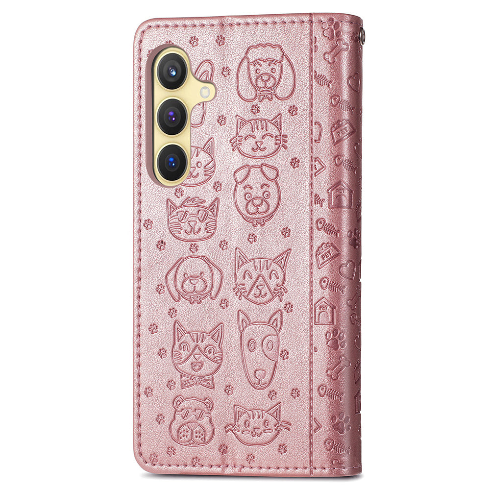 For Samsung Galaxy S24 Cat Dog Pattern PU Leather Case Stand Wrist Strap Phone Cover - Rose Gold