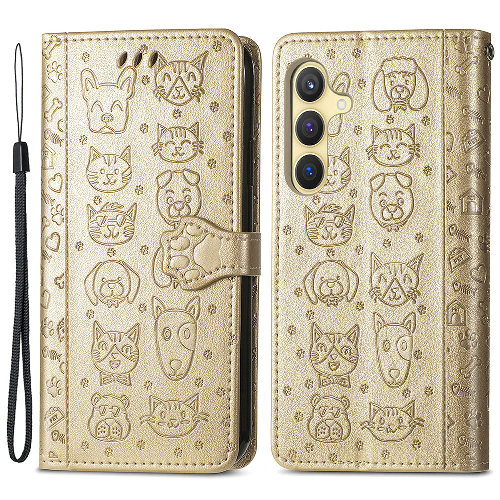 For Samsung Galaxy S24 Cat Dog Pattern PU Leather Case Stand Wrist Strap Phone Cover - Gold