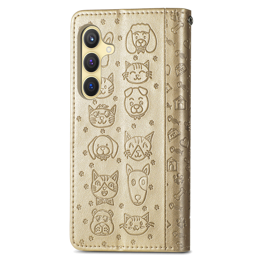 For Samsung Galaxy S24 Cat Dog Pattern PU Leather Case Stand Wrist Strap Phone Cover - Gold