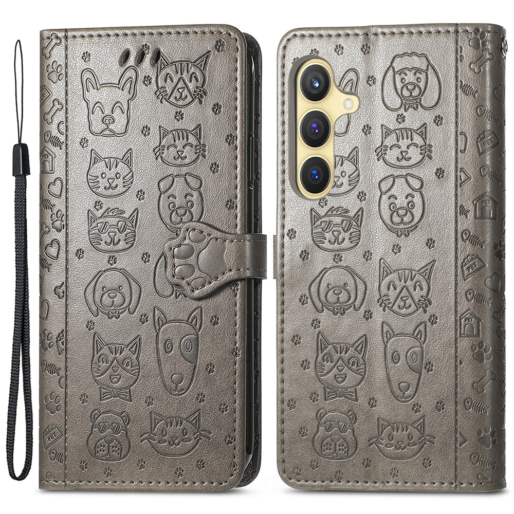 For Samsung Galaxy S24 Cat Dog Pattern PU Leather Case Stand Wrist Strap Phone Cover - Grey