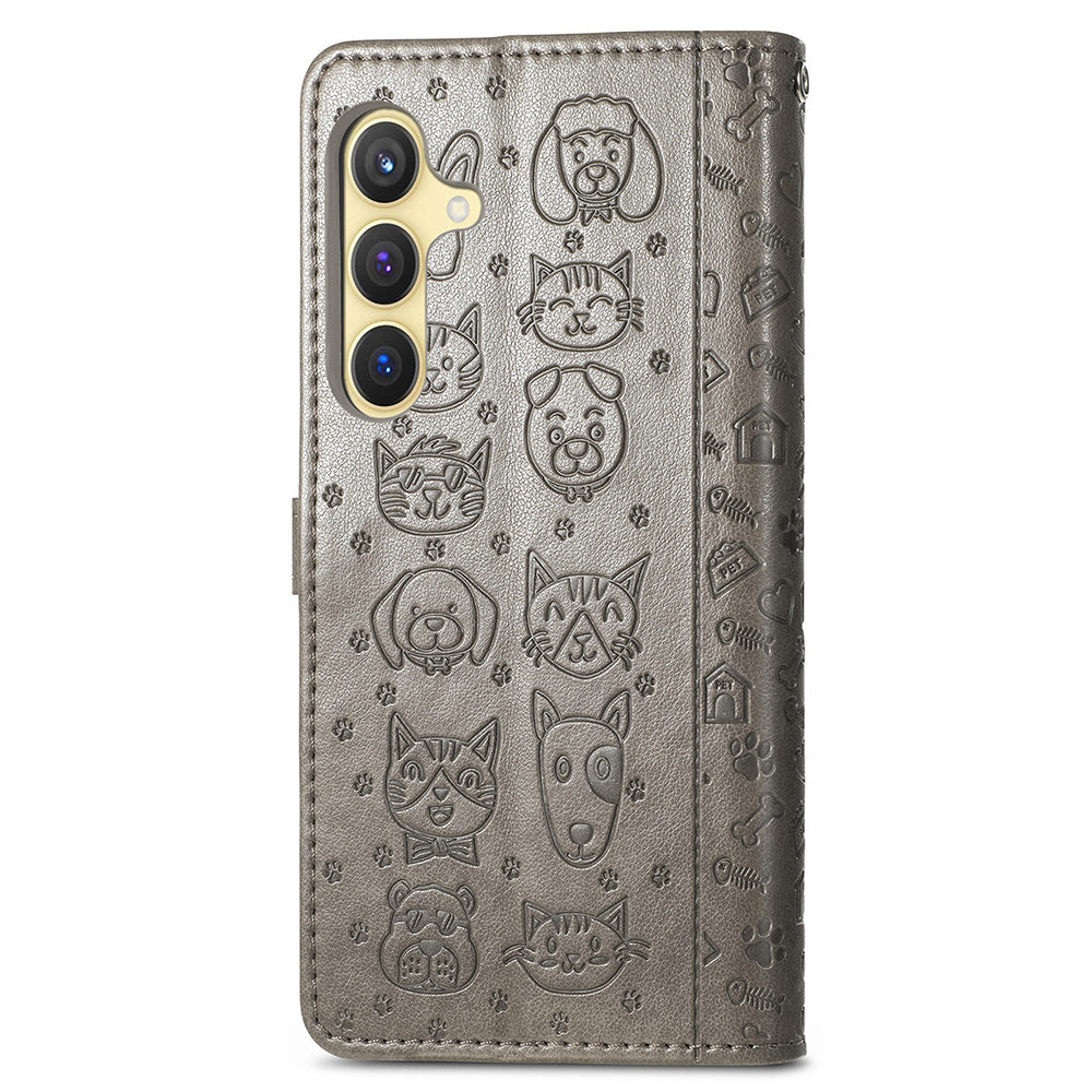 For Samsung Galaxy S24 Cat Dog Pattern PU Leather Case Stand Wrist Strap Phone Cover - Grey