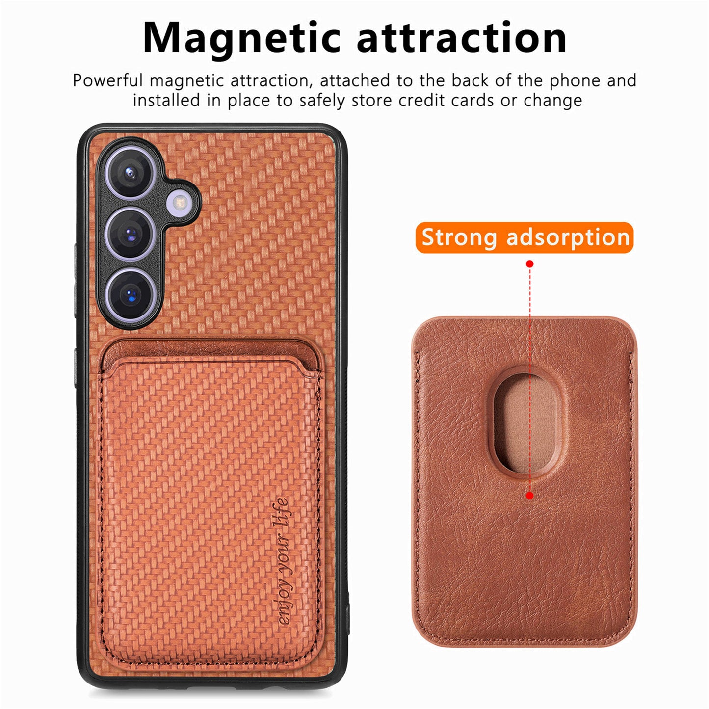 For Samsung Galaxy S24 Back Case Magnetic Card Holder Phone Protective Cover - Brown