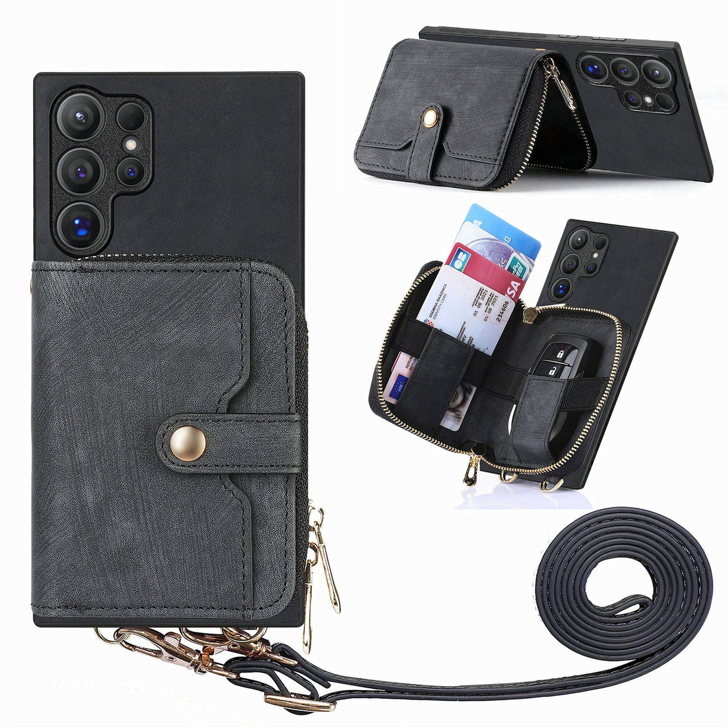 Crossbody Zipper Wallet Case for Samsung Galaxy S24 Ultra Kickstand Phone Cover with 7 Card Holder - Black