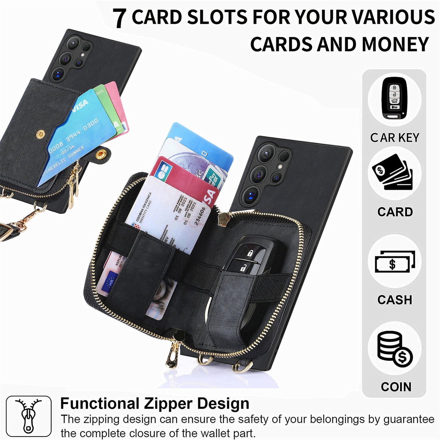 Crossbody Zipper Wallet Case for Samsung Galaxy S24 Ultra Kickstand Phone Cover with 7 Card Holder - Black