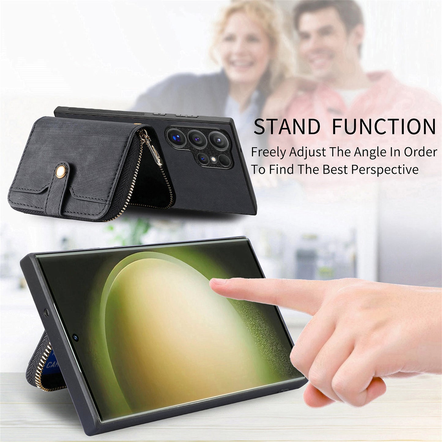 Crossbody Zipper Wallet Case for Samsung Galaxy S24 Ultra Kickstand Phone Cover with 7 Card Holder - Black