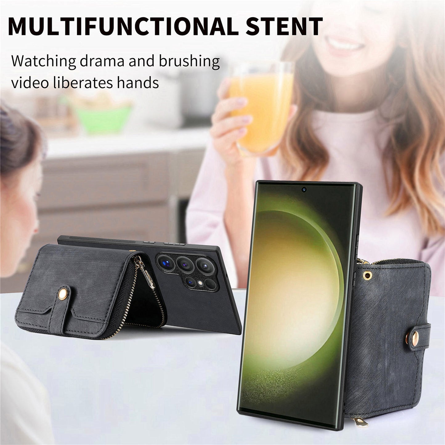 Crossbody Zipper Wallet Case for Samsung Galaxy S24 Ultra Kickstand Phone Cover with 7 Card Holder - Black
