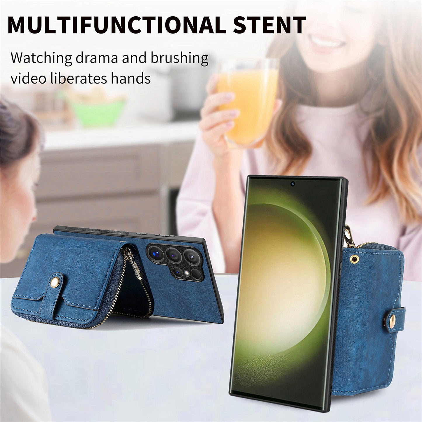 Crossbody Zipper Wallet Case for Samsung Galaxy S24 Ultra Kickstand Phone Cover with 7 Card Holder - Dark Blue