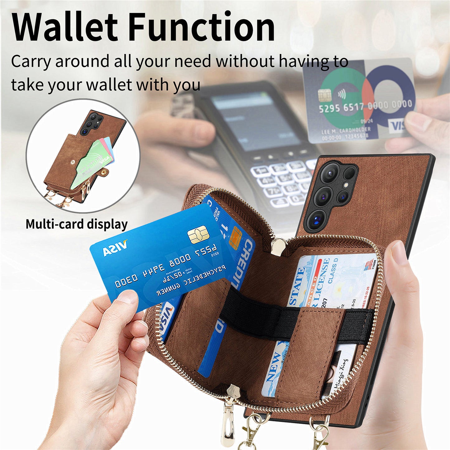 Crossbody Zipper Wallet Case for Samsung Galaxy S24 Ultra Kickstand Phone Cover with 7 Card Holder - Brown