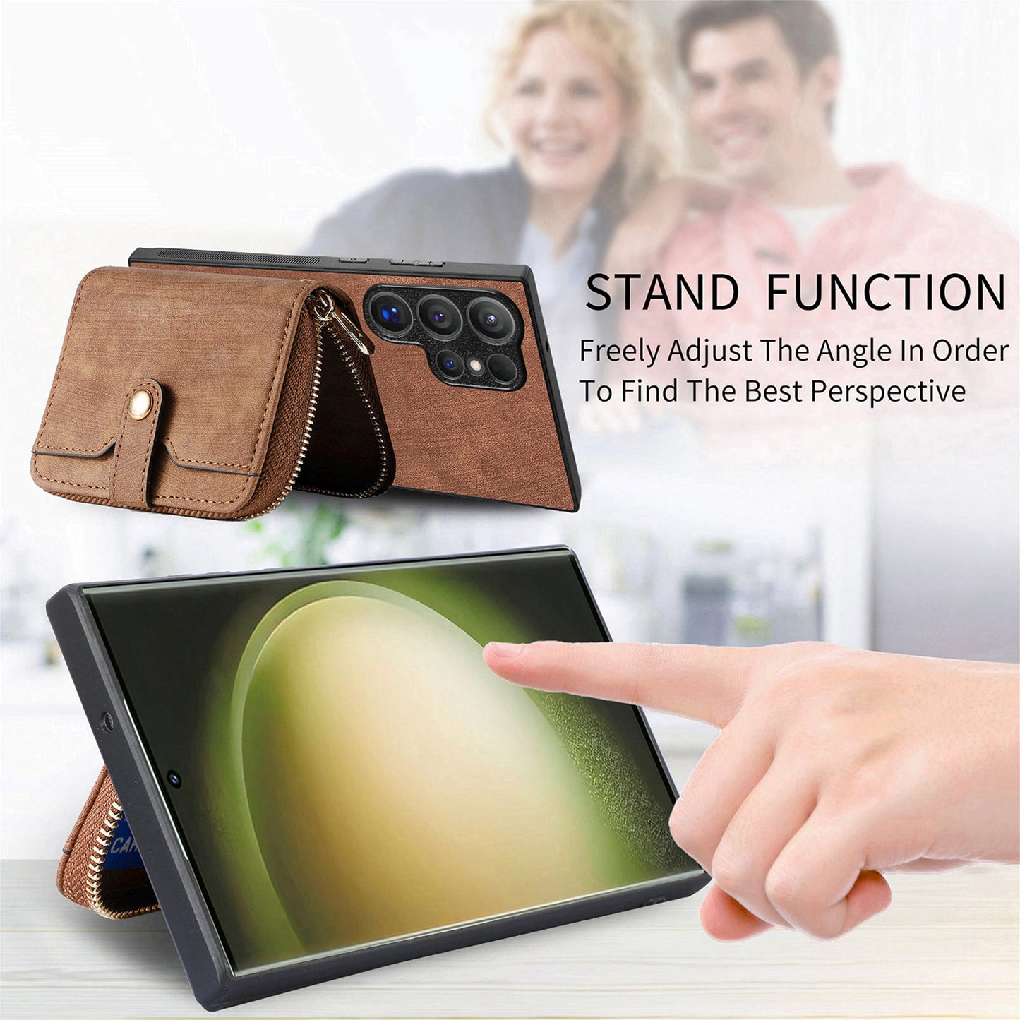 Crossbody Zipper Wallet Case for Samsung Galaxy S24 Ultra Kickstand Phone Cover with 7 Card Holder - Brown
