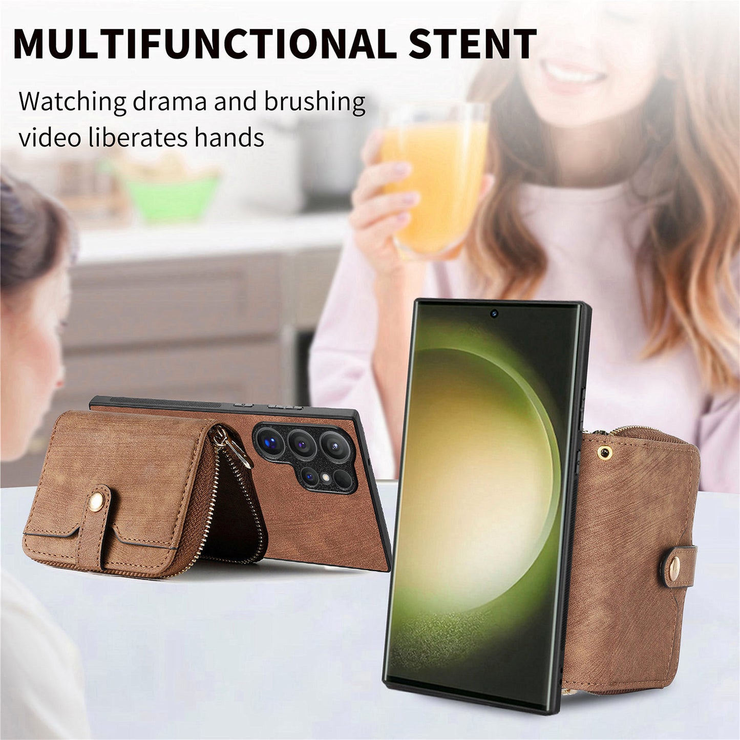 Crossbody Zipper Wallet Case for Samsung Galaxy S24 Ultra Kickstand Phone Cover with 7 Card Holder - Brown