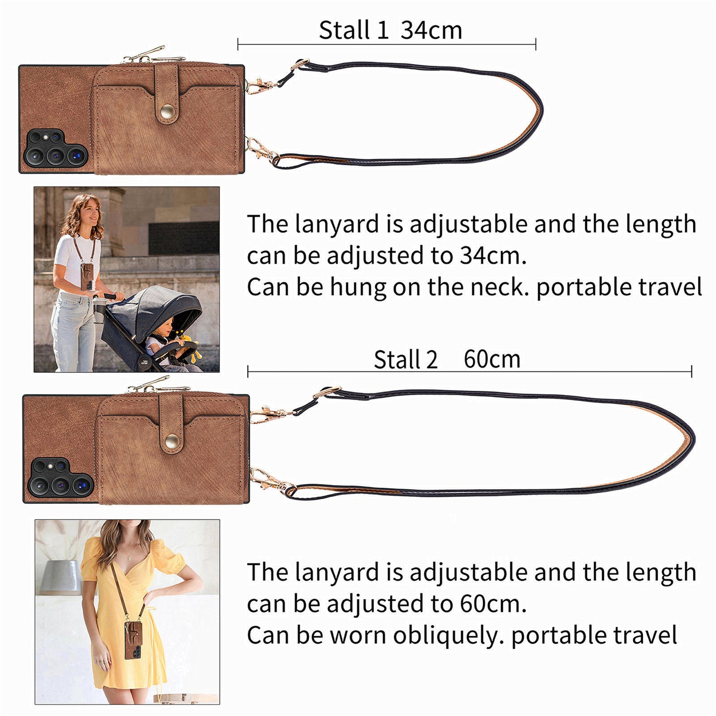Crossbody Zipper Wallet Case for Samsung Galaxy S24 Ultra Kickstand Phone Cover with 7 Card Holder - Brown