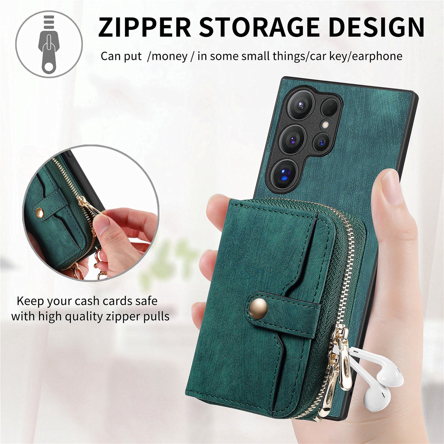 Crossbody Zipper Wallet Case for Samsung Galaxy S24 Ultra Kickstand Phone Cover with 7 Card Holder - Green
