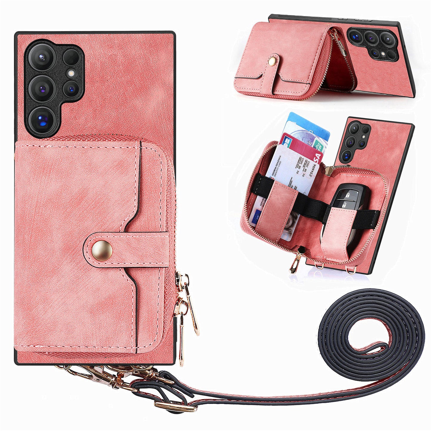 Crossbody Zipper Wallet Case for Samsung Galaxy S24 Ultra Kickstand Phone Cover with 7 Card Holder - Rose Pink
