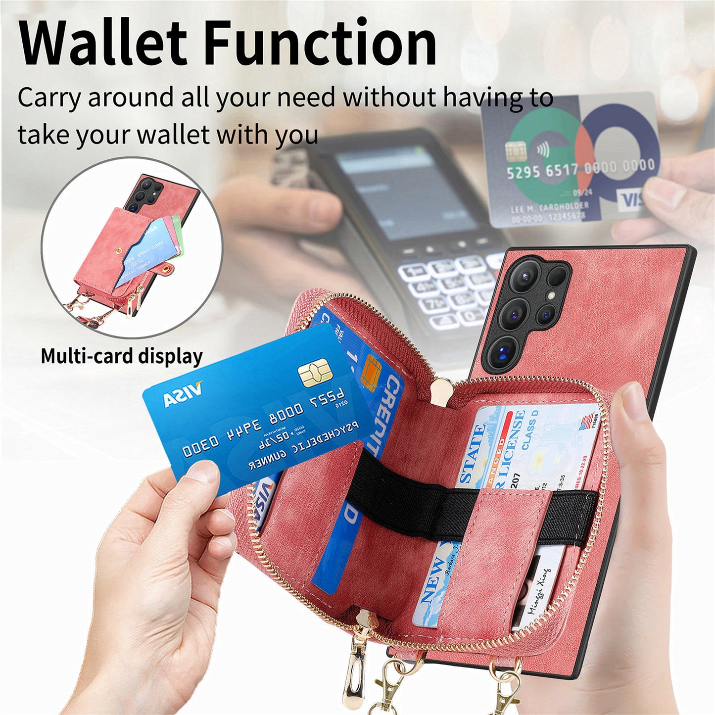 Crossbody Zipper Wallet Case for Samsung Galaxy S24 Ultra Kickstand Phone Cover with 7 Card Holder - Rose Pink