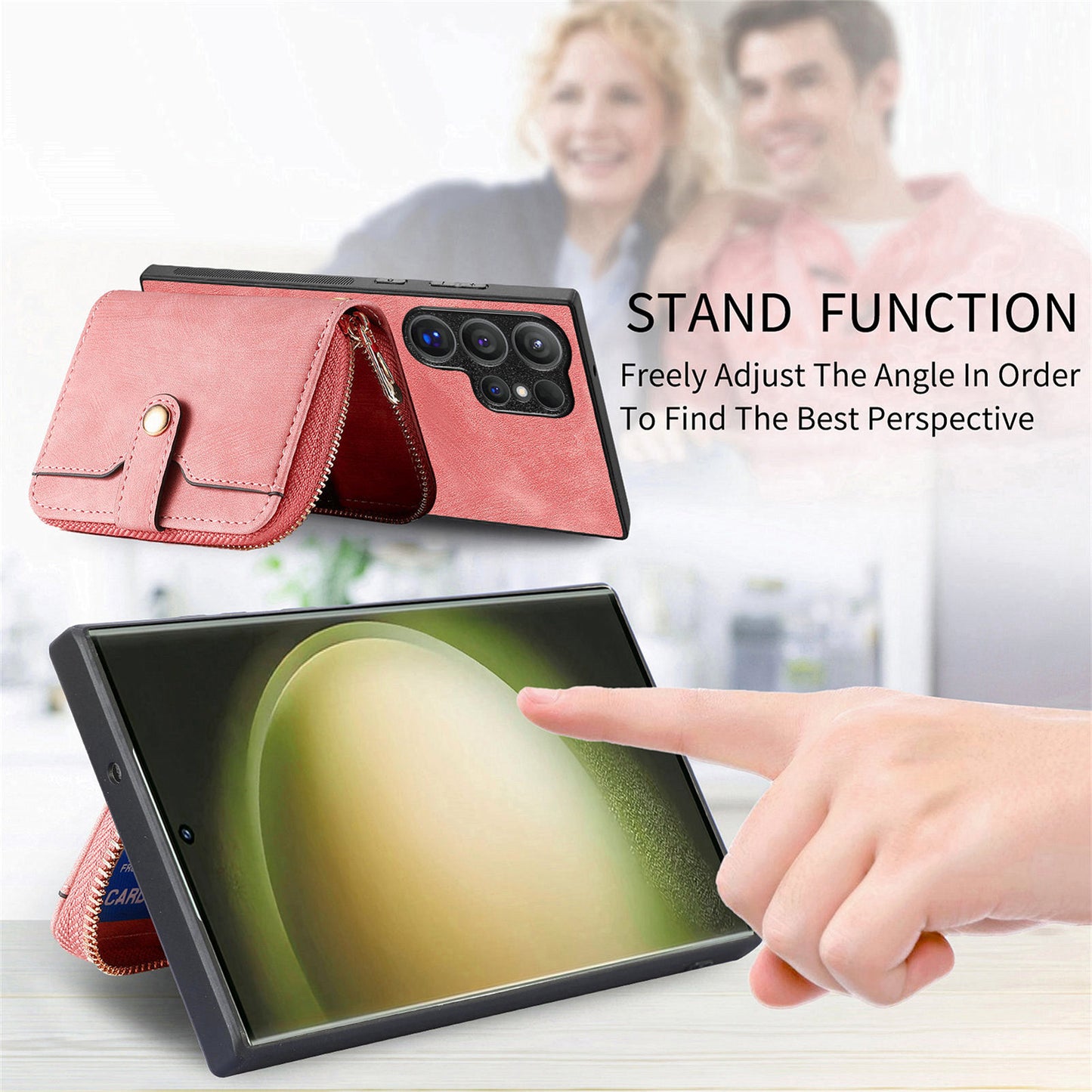 Crossbody Zipper Wallet Case for Samsung Galaxy S24 Ultra Kickstand Phone Cover with 7 Card Holder - Rose Pink