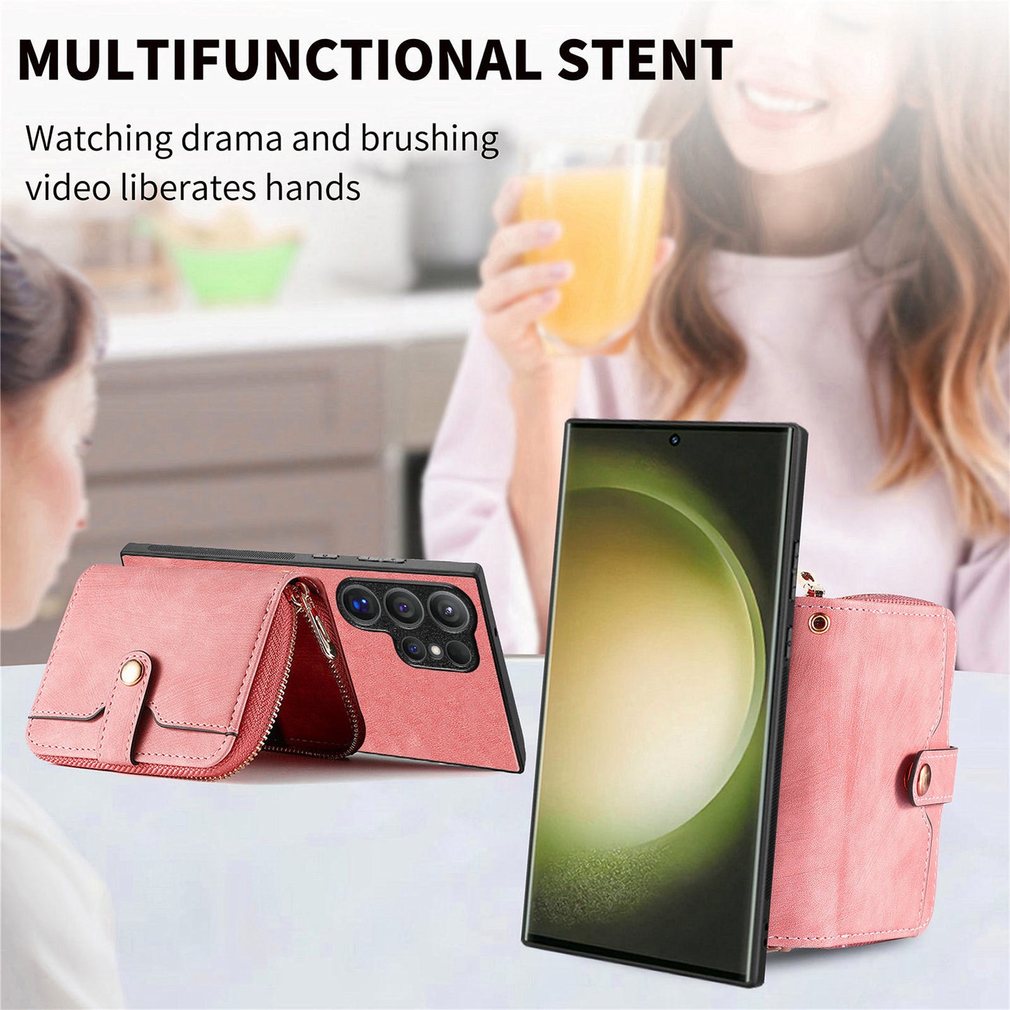 Crossbody Zipper Wallet Case for Samsung Galaxy S24 Ultra Kickstand Phone Cover with 7 Card Holder - Rose Pink
