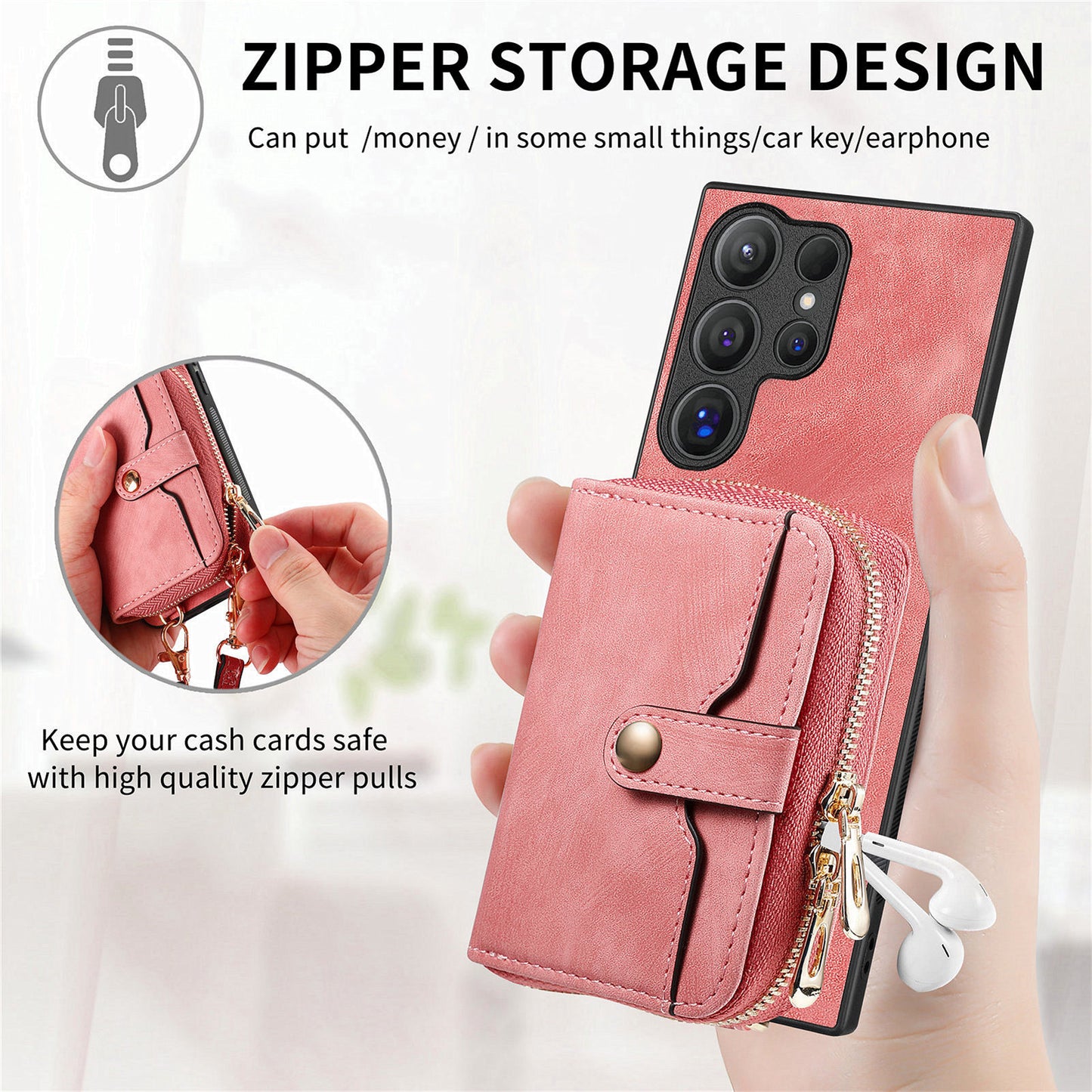 Crossbody Zipper Wallet Case for Samsung Galaxy S24 Ultra Kickstand Phone Cover with 7 Card Holder - Rose Pink