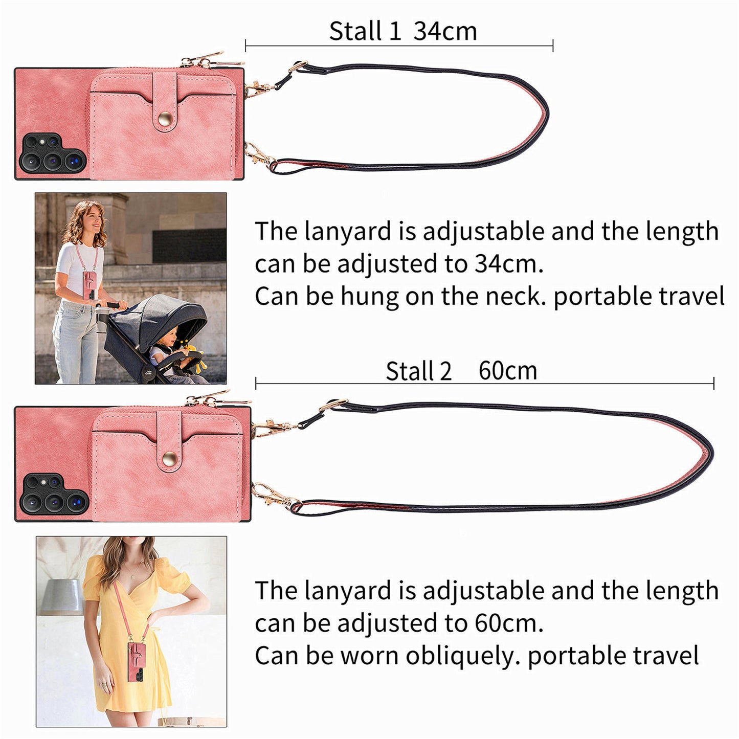 Crossbody Zipper Wallet Case for Samsung Galaxy S24 Ultra Kickstand Phone Cover with 7 Card Holder - Rose Pink