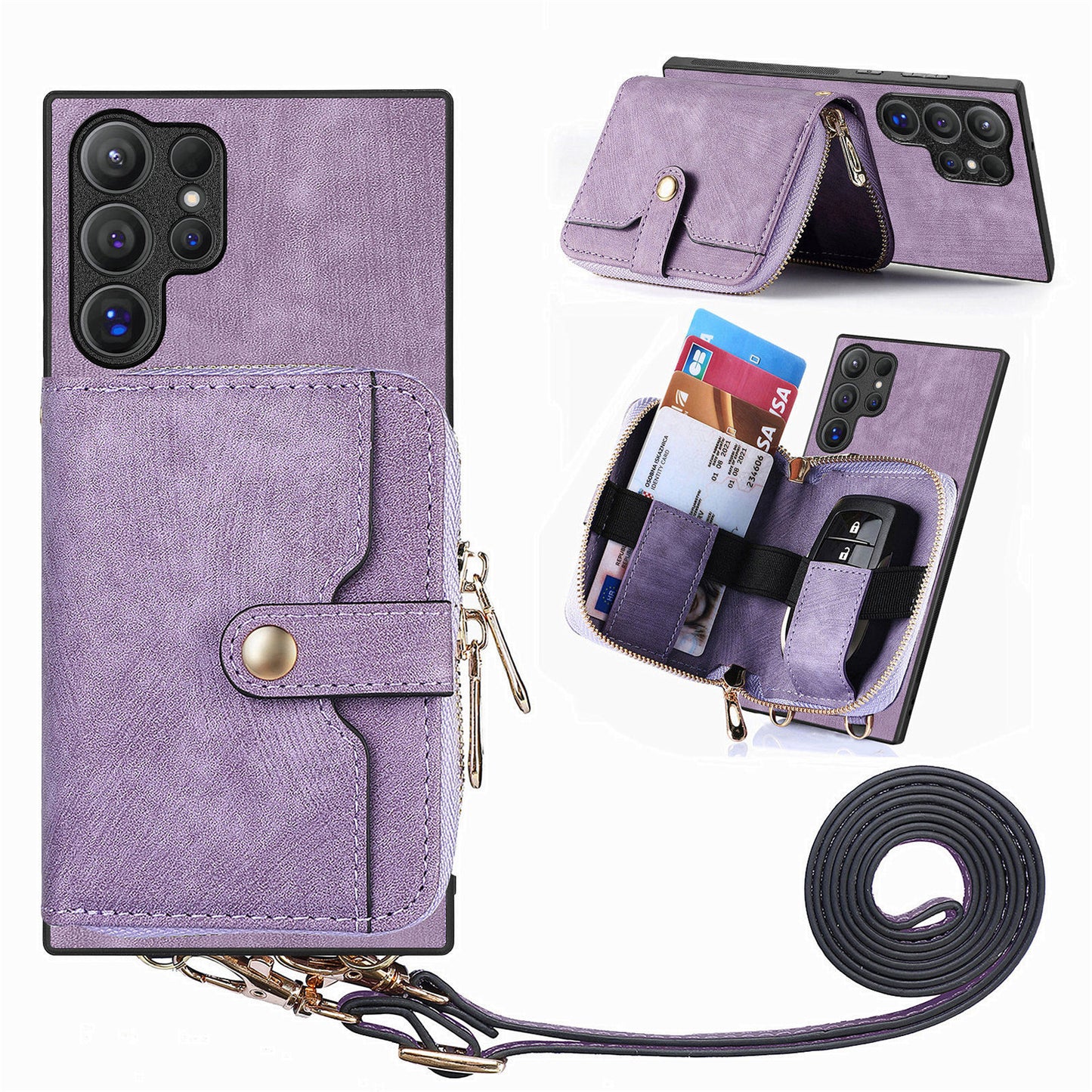 Crossbody Zipper Wallet Case for Samsung Galaxy S24 Ultra Kickstand Phone Cover with 7 Card Holder - Purple