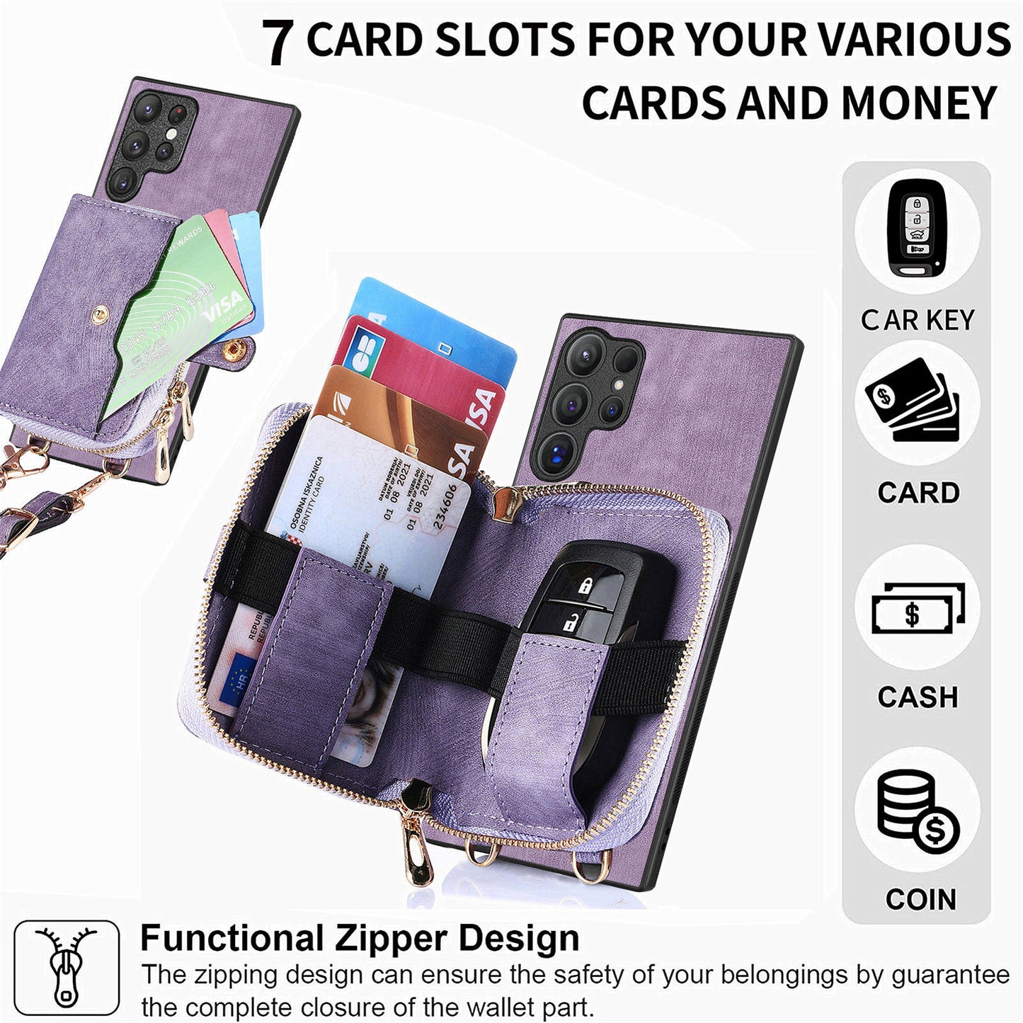 Crossbody Zipper Wallet Case for Samsung Galaxy S24 Ultra Kickstand Phone Cover with 7 Card Holder - Purple