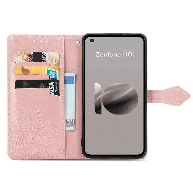 For Asus Zenfone 10 5G Case Wallet with Card Holder Embossed Mandala Pattern PU Leather Cover - Rose Gold