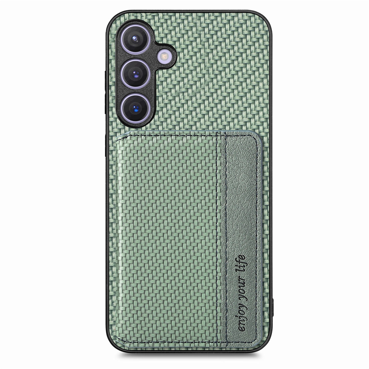 For Samsung Galaxy S24+ Case with Card Holder Kickstand Carbon Fiber Texture Leather Back Cover - Green