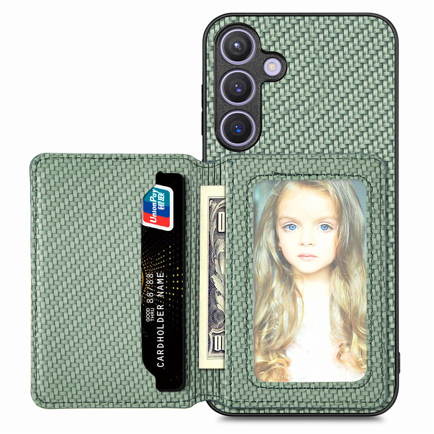 For Samsung Galaxy S24+ Case with Card Holder Kickstand Carbon Fiber Texture Leather Back Cover - Green