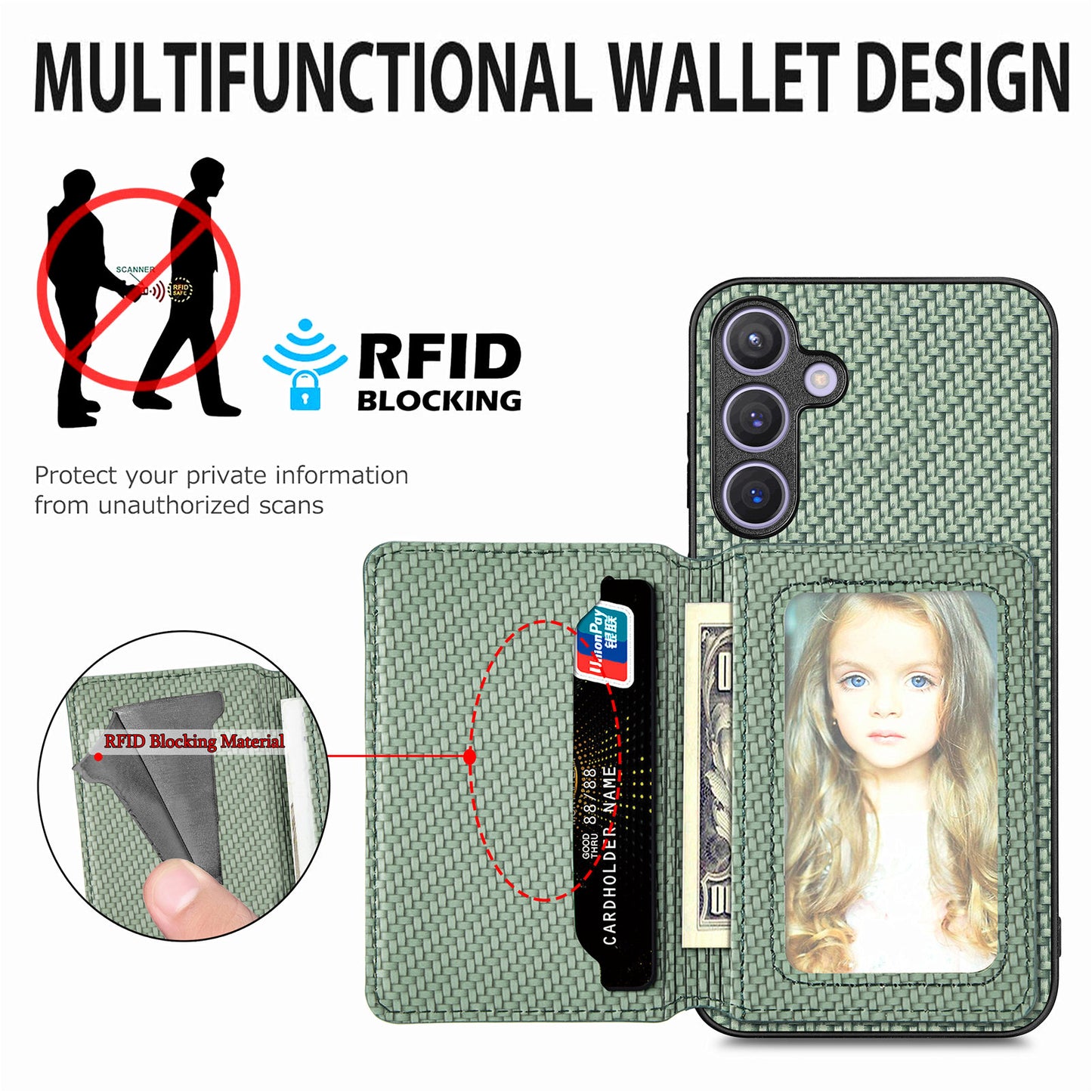 For Samsung Galaxy S24+ Case with Card Holder Kickstand Carbon Fiber Texture Leather Back Cover - Green