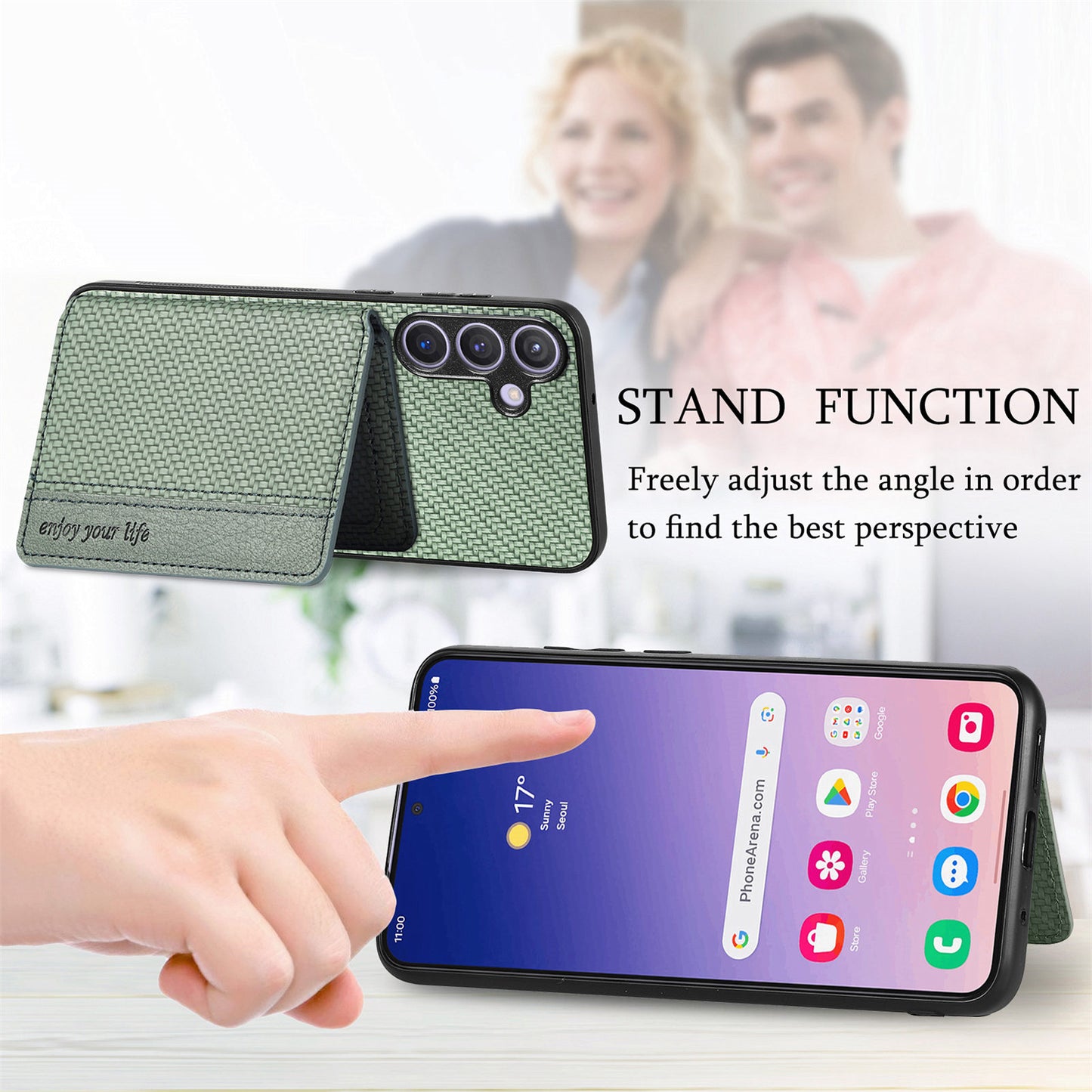For Samsung Galaxy S24+ Case with Card Holder Kickstand Carbon Fiber Texture Leather Back Cover - Brown