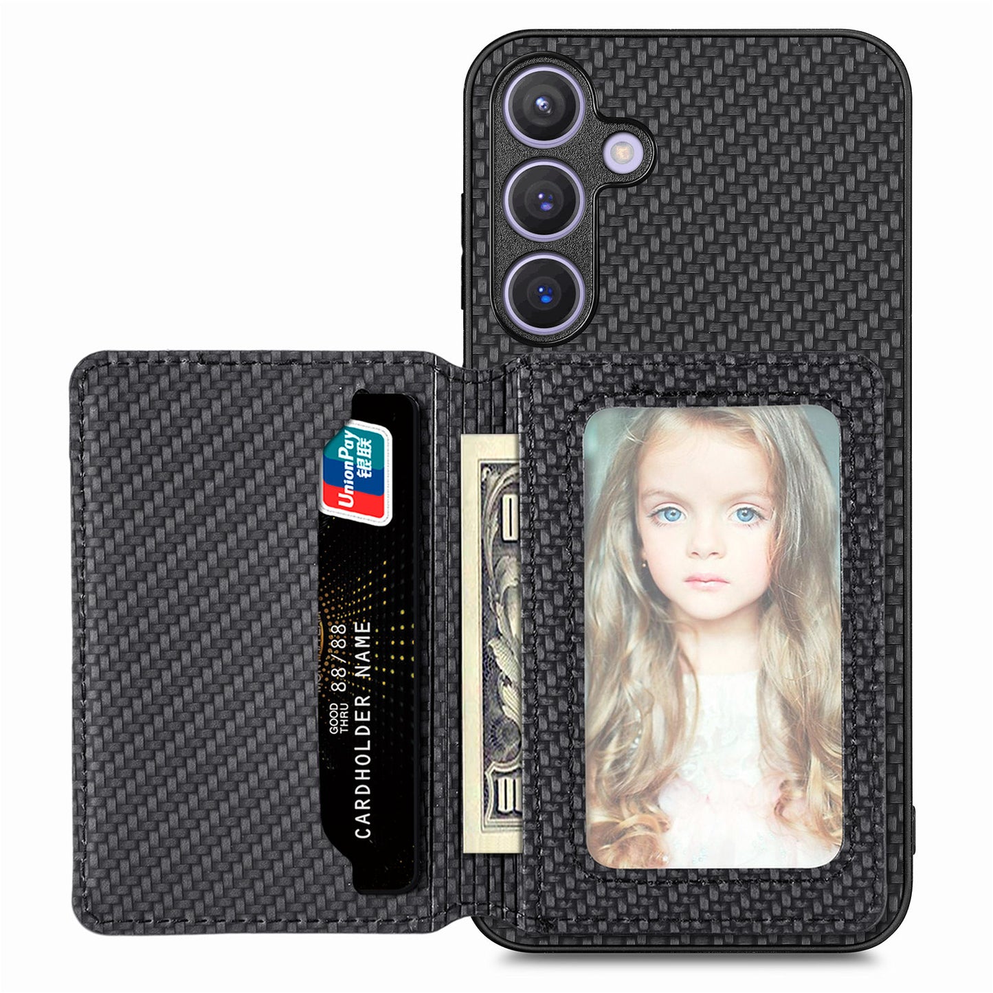 For Samsung Galaxy S24+ Case with Card Holder Kickstand Carbon Fiber Texture Leather Back Cover - Black