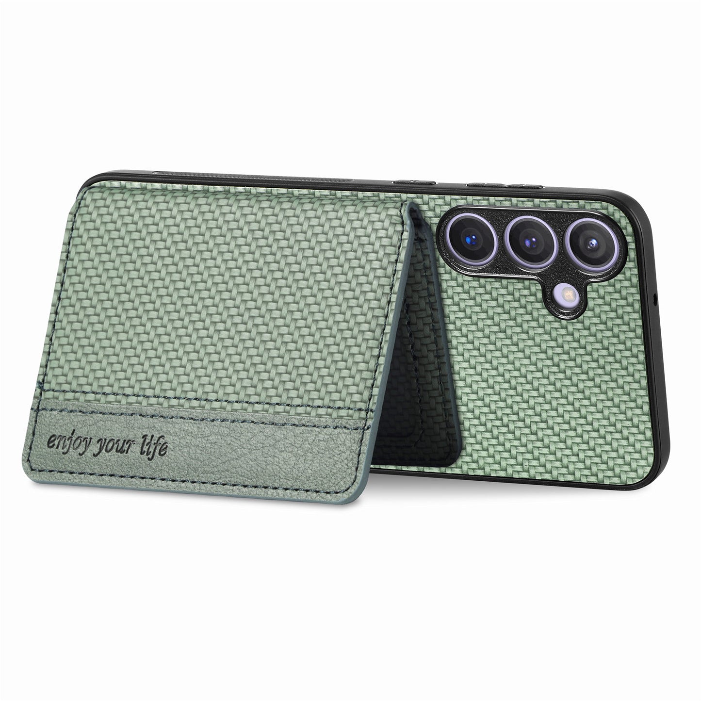 For Samsung Galaxy S24+ Case with Card Holder Kickstand Carbon Fiber Texture Leather Back Cover - Black