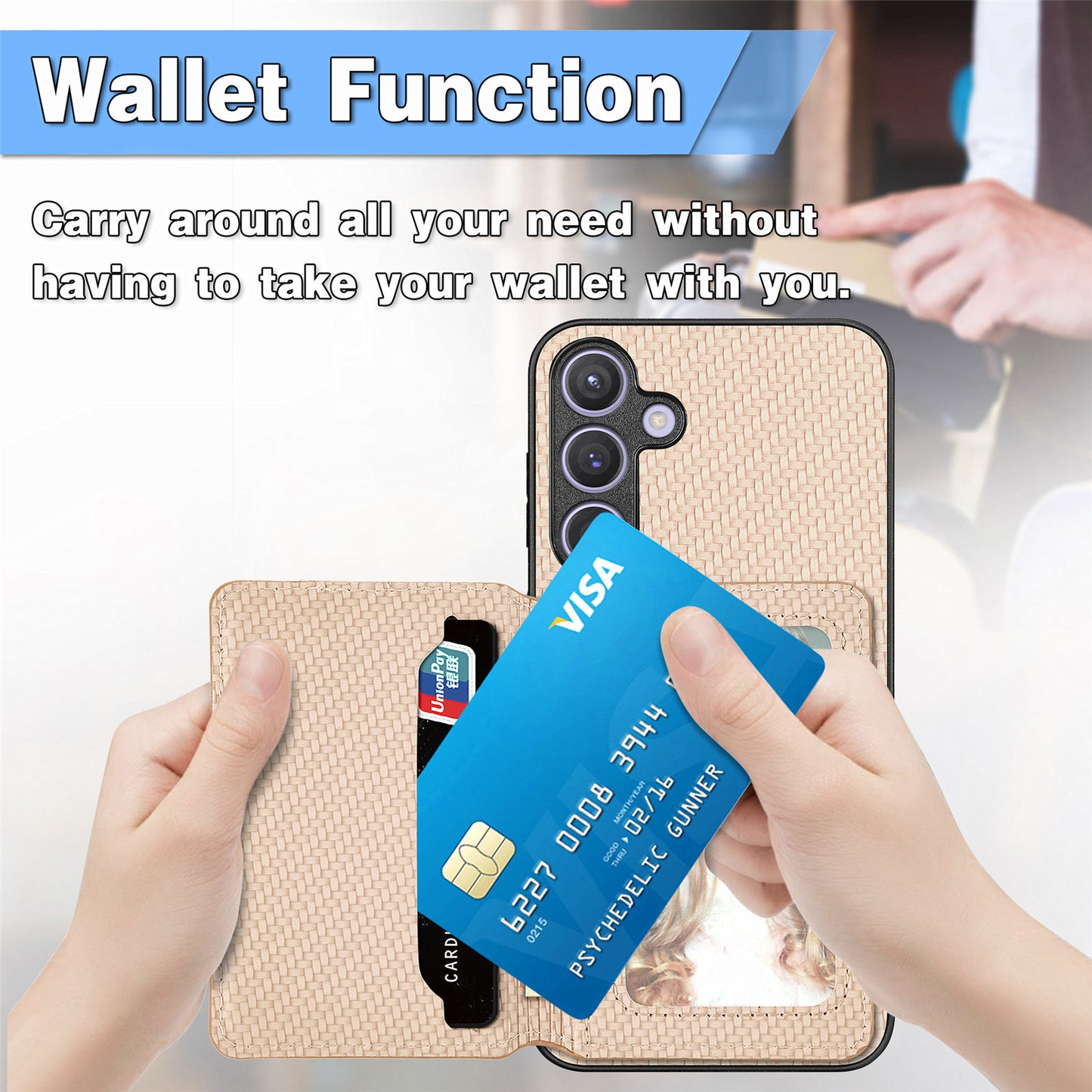 For Samsung Galaxy S24+ Case with Card Holder Kickstand Carbon Fiber Texture Leather Back Cover - Black