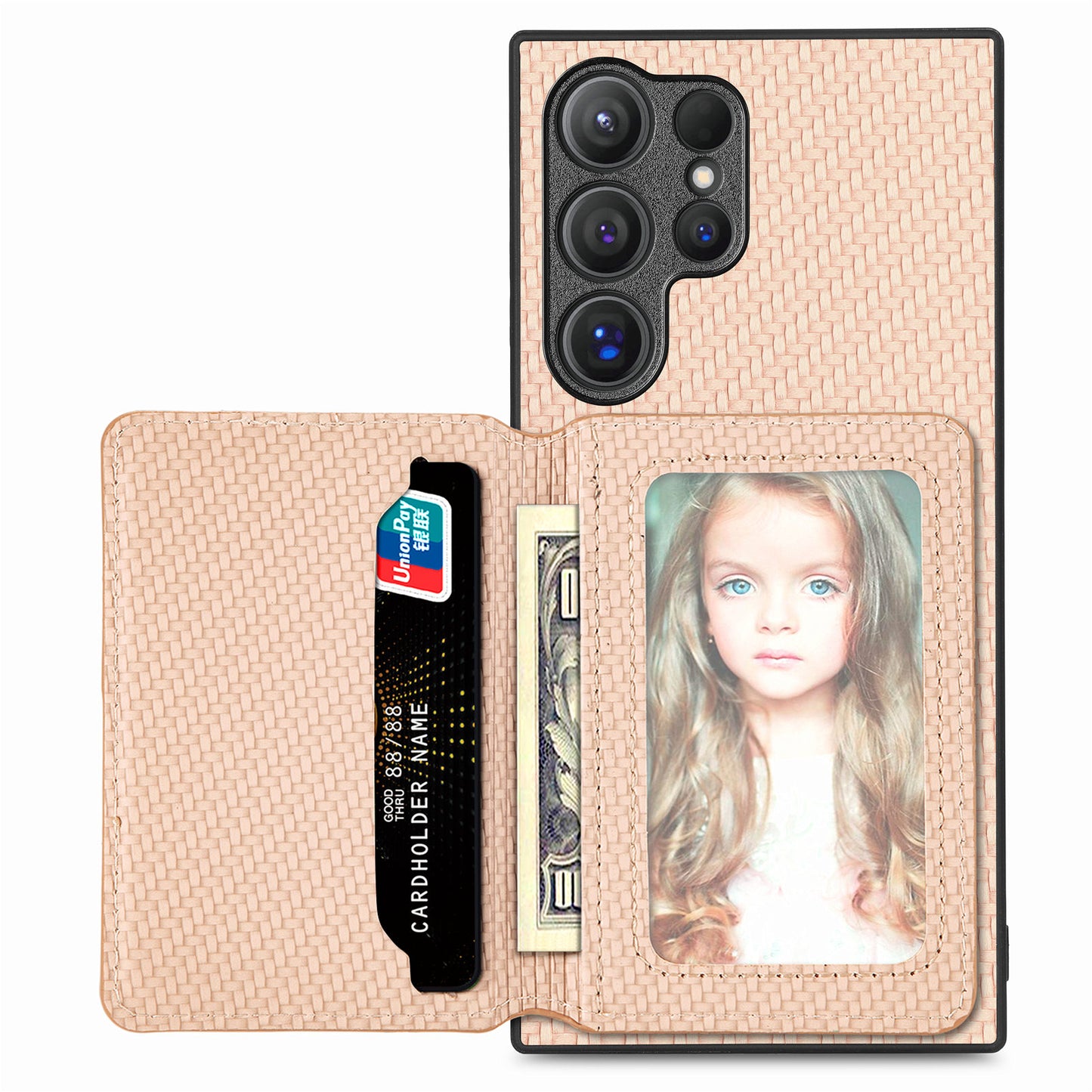 For Samsung Galaxy S24 Ultra Back Case with Card Slot Carbon Fiber Texture Phone Cover Kickstand - Khaki