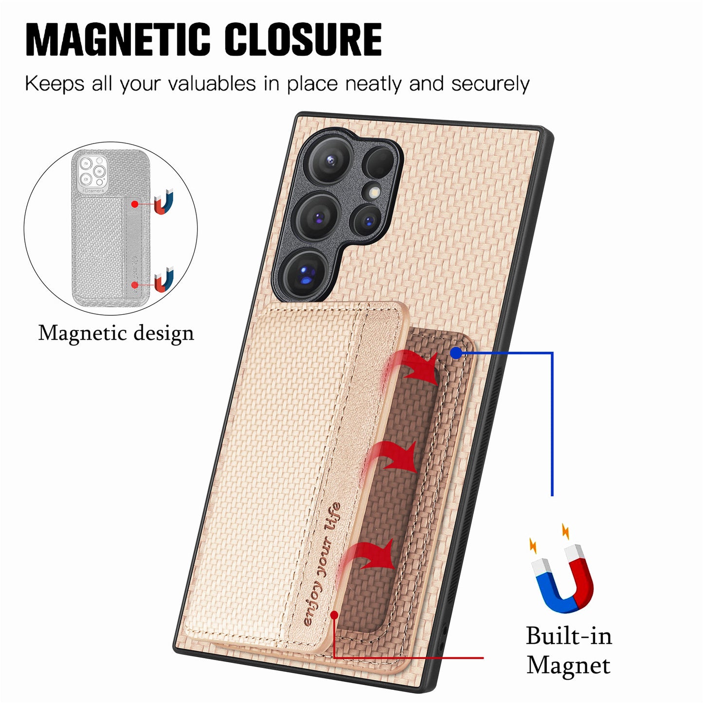 For Samsung Galaxy S24 Ultra Back Case with Card Slot Carbon Fiber Texture Phone Cover Kickstand - Khaki